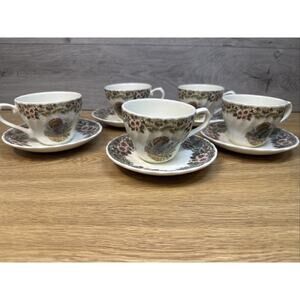 Myott Churchill/Queens Factory Thanksgiving Turkey Cups Saucers -set Of 5